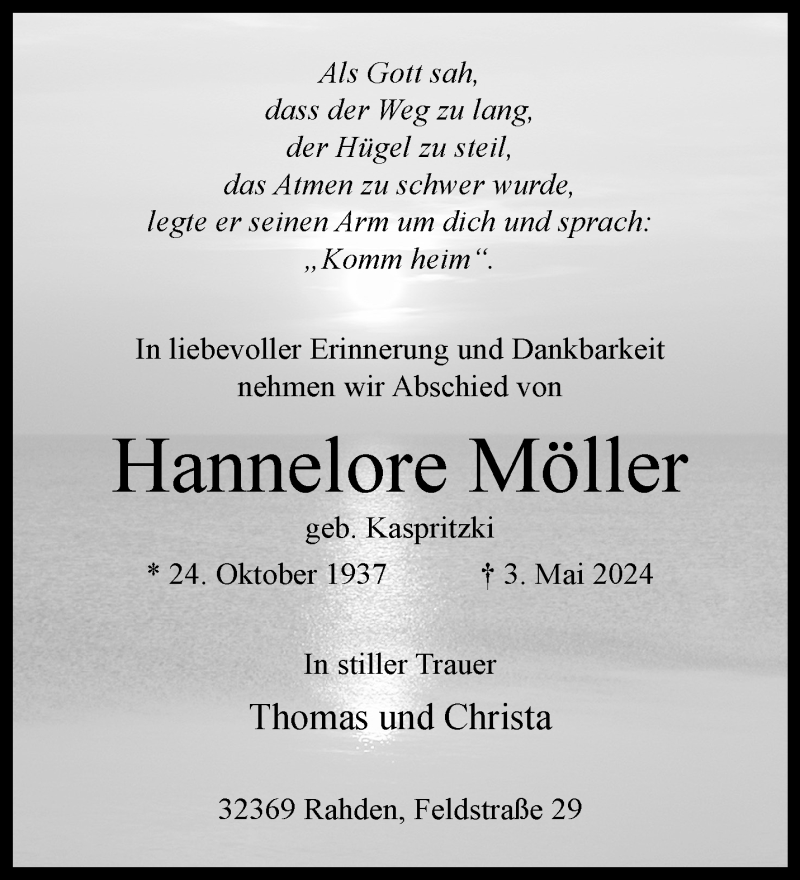  Traueranzeige für Hannelore Möller vom 09.05.2024 aus Westfalen Blatt