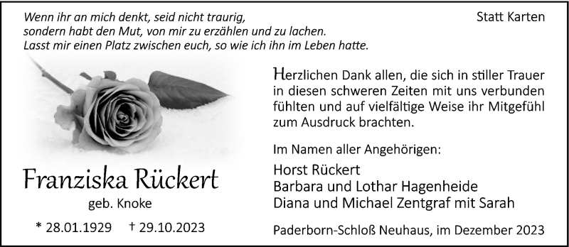  Traueranzeige für Franziska Rückert vom 02.12.2023 aus Westfalen Blatt