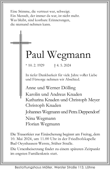 Traueranzeige von Paul Wegmann von Westfalen Blatt