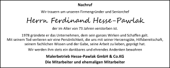 Traueranzeige von Ferdinand Hesse-Pawlak von Westfalen Blatt