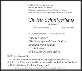 Traueranzeige von Christa Schnitgerhans von Westfalen Blatt
