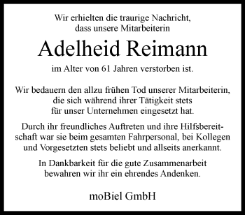 Traueranzeige von Adelheid Reimann von Westfalen Blatt