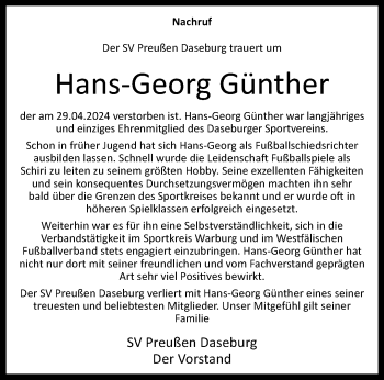 Traueranzeige von Hans-Georg Günther von Westfalen Blatt