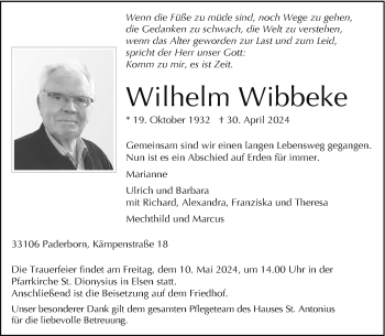 Traueranzeige von Wilhelm Wibbeke von Westfalen Blatt