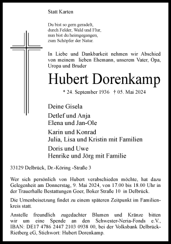 Traueranzeige von Hubert Dorenkamp von Westfalen Blatt