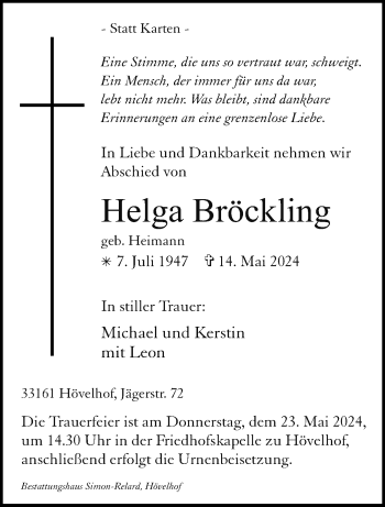 Traueranzeige von Helga Bröckling von Westfalen Blatt