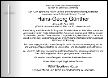 Traueranzeige von Hans-Georg Günther von Westfalen Blatt
