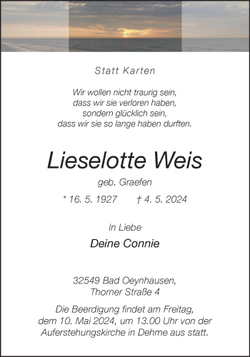 Traueranzeige von Lieselotte Weis von Westfalen Blatt