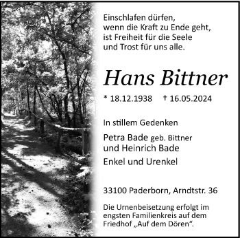 Traueranzeige von Hans Bittner von Westfalen Blatt