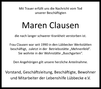 Traueranzeige von Maren Clausen von Westfalen Blatt