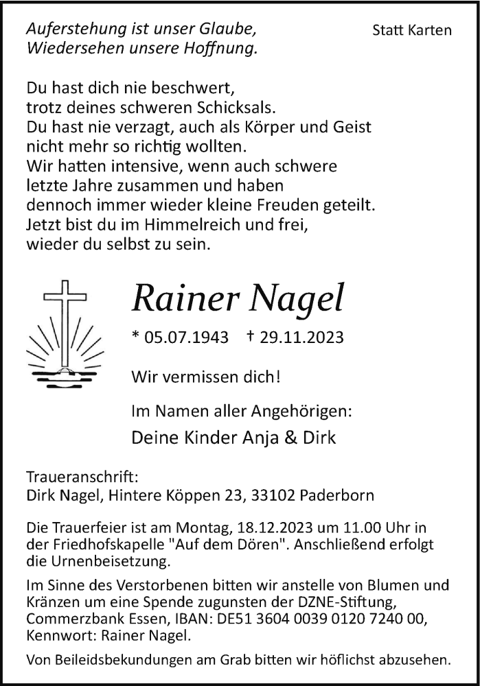  Traueranzeige für Rainer Nagel vom 09.12.2023 aus Westfalen Blatt
