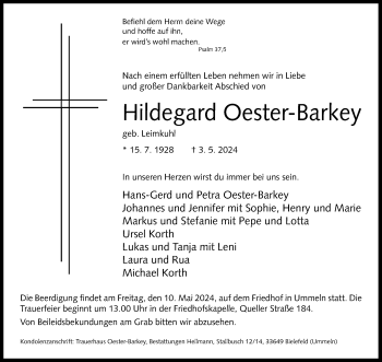Traueranzeige von Hildegard Oester-Barkey von Westfalen Blatt