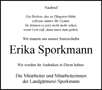 Traueranzeige von Erika Sporkmann von Westfalen Blatt