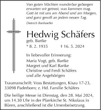 Traueranzeige von Hedwig Schäfers von Westfalen Blatt