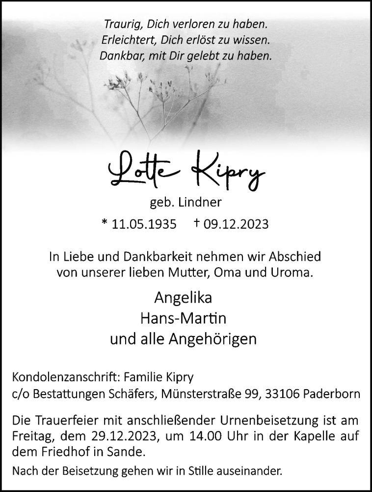  Traueranzeige für Lotte Kipry vom 16.12.2023 aus Westfalen Blatt
