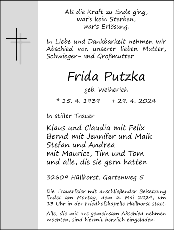 Traueranzeige von Frida Putzka von Westfalen Blatt