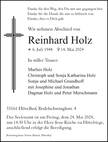 Traueranzeige von Reinhard Holz von Westfalen Blatt