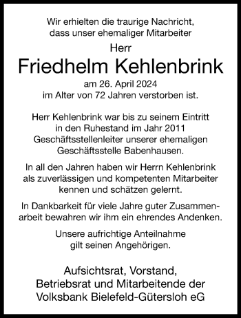 Traueranzeige von Friedhelm Kehlenbrink von Westfalen Blatt