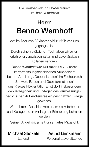 Traueranzeige von Benno Wemhoff von Westfalen Blatt