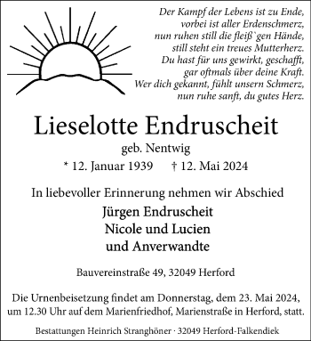 Traueranzeige von Lieselotte Endruscheit von Westfalen Blatt