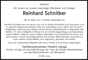 Traueranzeige von Reinhard Schnitker von Westfalen Blatt
