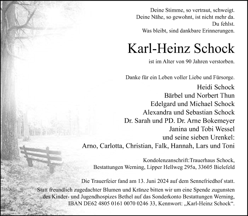 Traueranzeige für Karl-Heinz Schock vom 15.06.2024 aus Westfalen Blatt