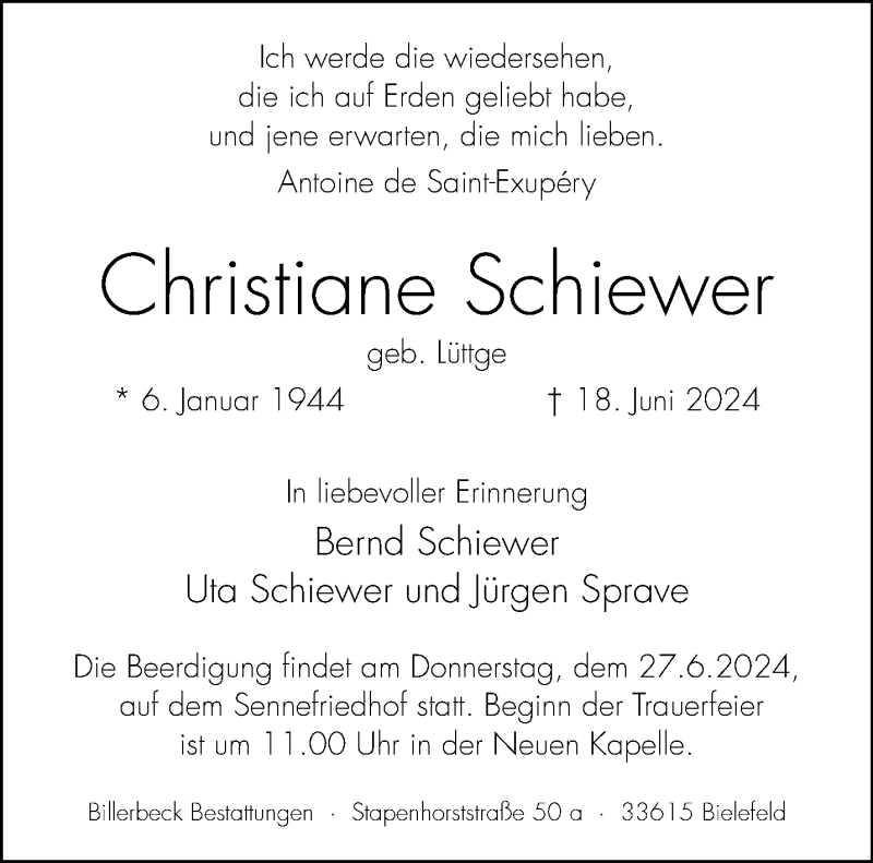 Traueranzeige für Christiane Schiewer vom 22.06.2024 aus Westfalen Blatt