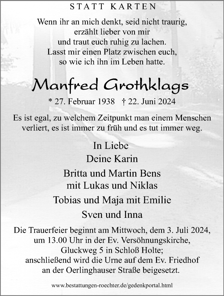  Traueranzeige für Manfred Grothklags vom 29.06.2024 aus Westfalen Blatt