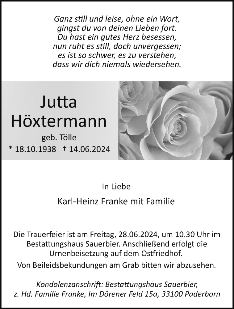  Traueranzeige für Jutta Höxtermann vom 22.06.2024 aus Westfalen Blatt