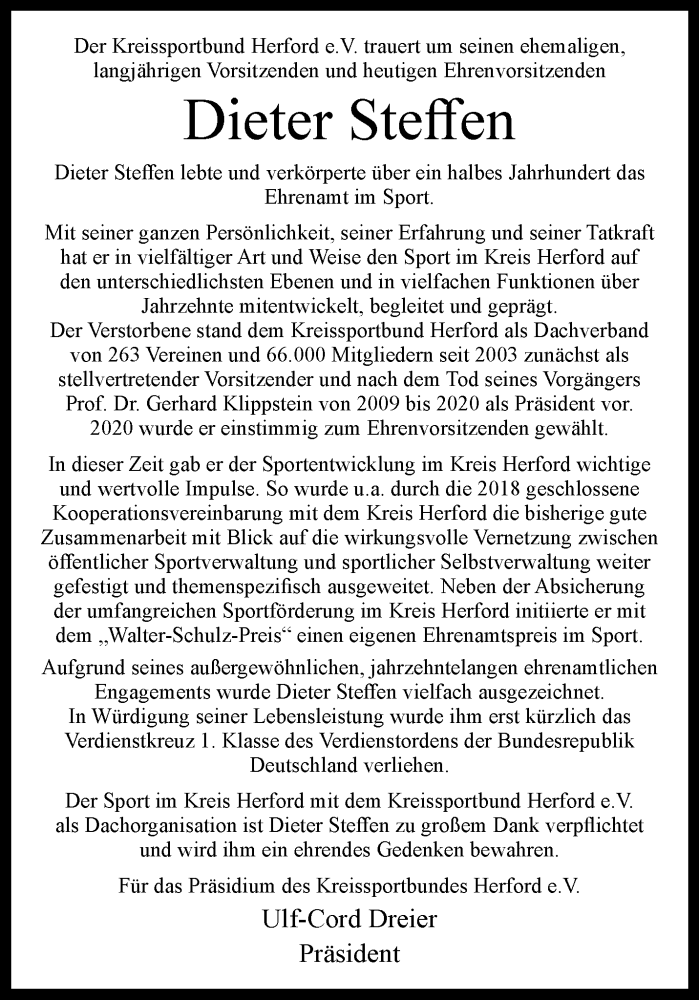  Traueranzeige für Dieter Steffen vom 11.11.2023 aus Westfalen Blatt
