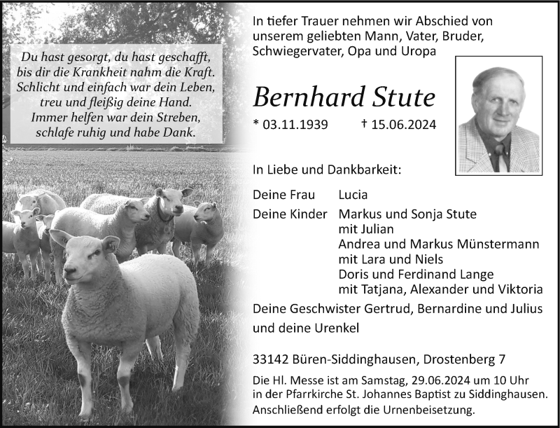  Traueranzeige für Bernhard Stute vom 22.06.2024 aus Westfalen Blatt