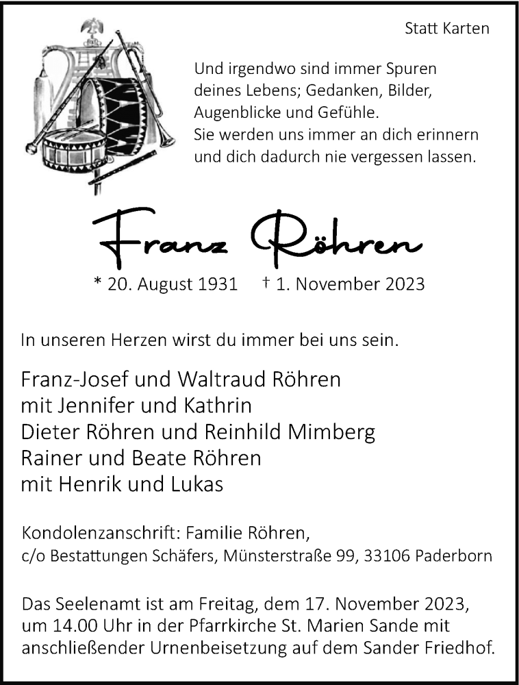  Traueranzeige für Franz Röhren vom 11.11.2023 aus Westfalen Blatt