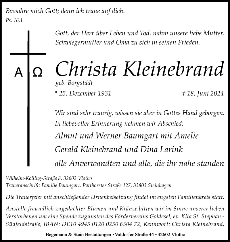  Traueranzeige für Christa Kleinebrand vom 29.06.2024 aus Westfalen Blatt