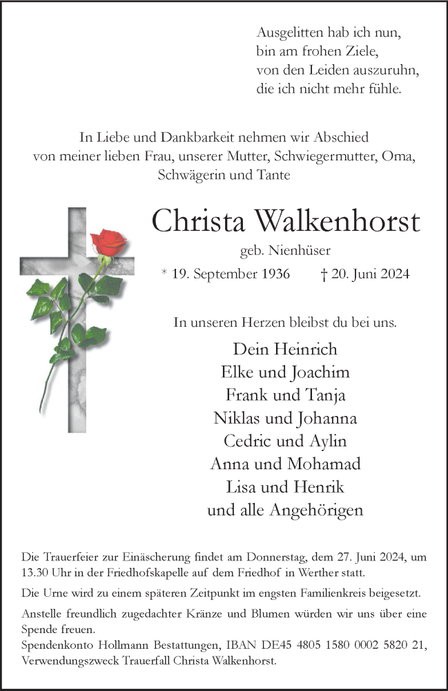  Traueranzeige für Christa Walkenhorst vom 25.06.2024 aus Westfalen Blatt