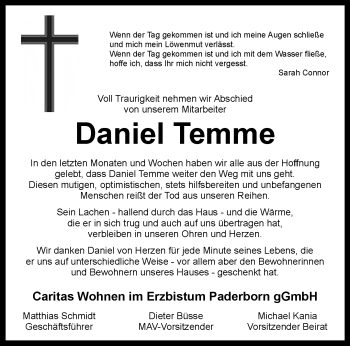 Traueranzeige von Daniel Temme von Westfalen Blatt