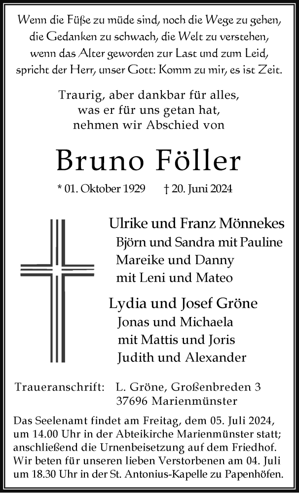  Traueranzeige für Bruno Föller vom 29.06.2024 aus Westfalen Blatt