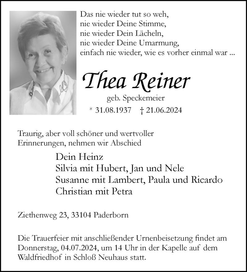  Traueranzeige für Thea Reiner vom 29.06.2024 aus Westfalen Blatt