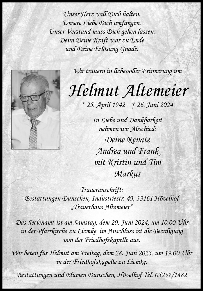  Traueranzeige für Helmut Altemeier vom 28.06.2024 aus Westfalen Blatt