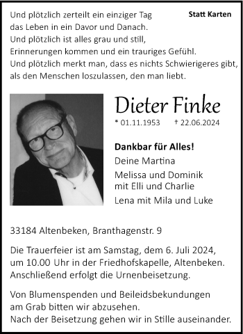 Traueranzeige von Dieter Finke von Westfalen Blatt