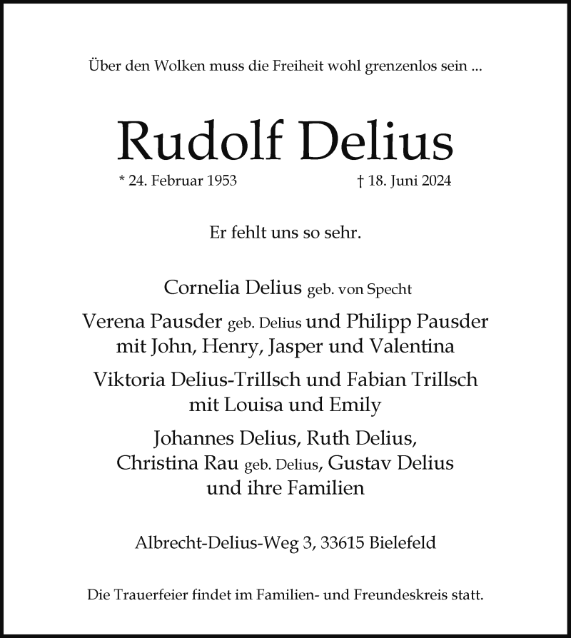 Traueranzeige für Rudolf Delius vom 22.06.2024 aus Westfalen Blatt