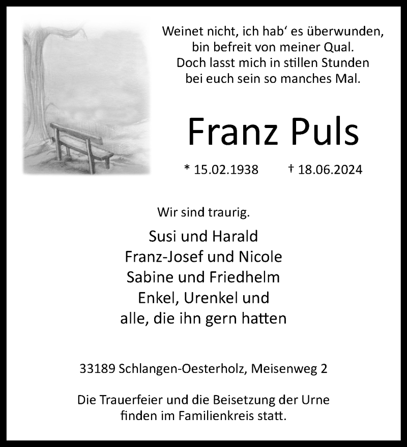  Traueranzeige für Franz Puls vom 22.06.2024 aus Westfalen Blatt