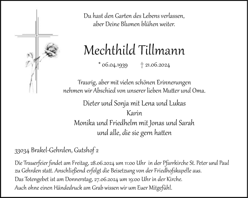  Traueranzeige für Mechthild Tillmann vom 25.06.2024 aus Westfalen Blatt