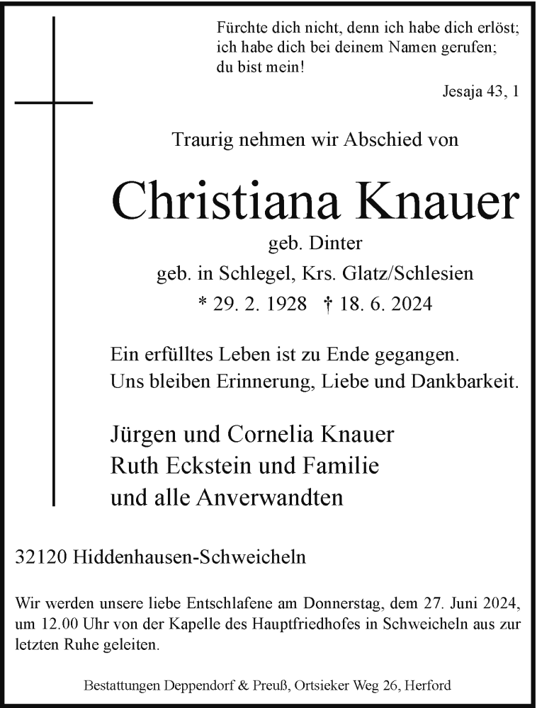  Traueranzeige für Christiana Knauer vom 22.06.2024 aus Westfalen Blatt