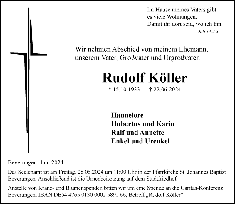  Traueranzeige für Rudolf Köller vom 26.06.2024 aus Westfalen Blatt