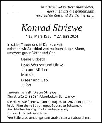 Traueranzeige von Konrad Striewe von Westfalen Blatt