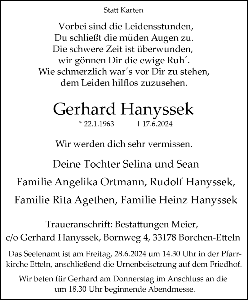  Traueranzeige für Gerhard Hanyssek vom 22.06.2024 aus Westfalen Blatt