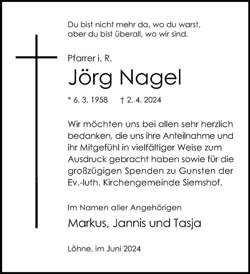  Traueranzeige für Jörg Nagel vom 15.06.2024 aus Westfalen Blatt