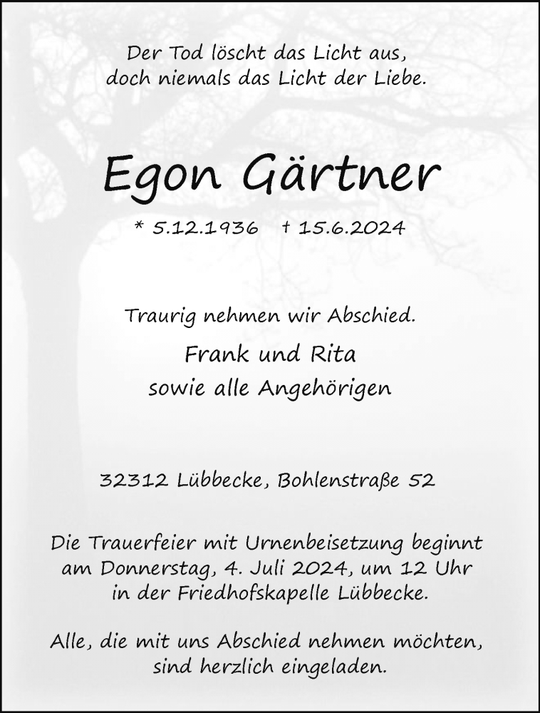  Traueranzeige für Egon Gärtner vom 22.06.2024 aus Westfalen Blatt