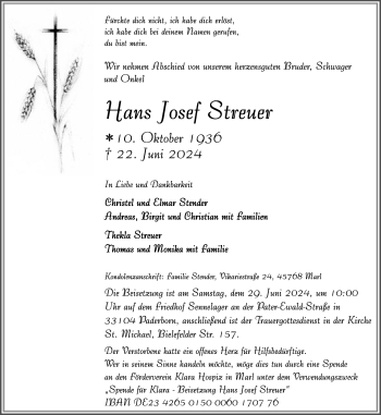Traueranzeige von Hans Josef Streuer von Westfalen Blatt