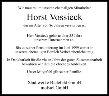 Traueranzeige von Horst Vossieck von Westfalen Blatt